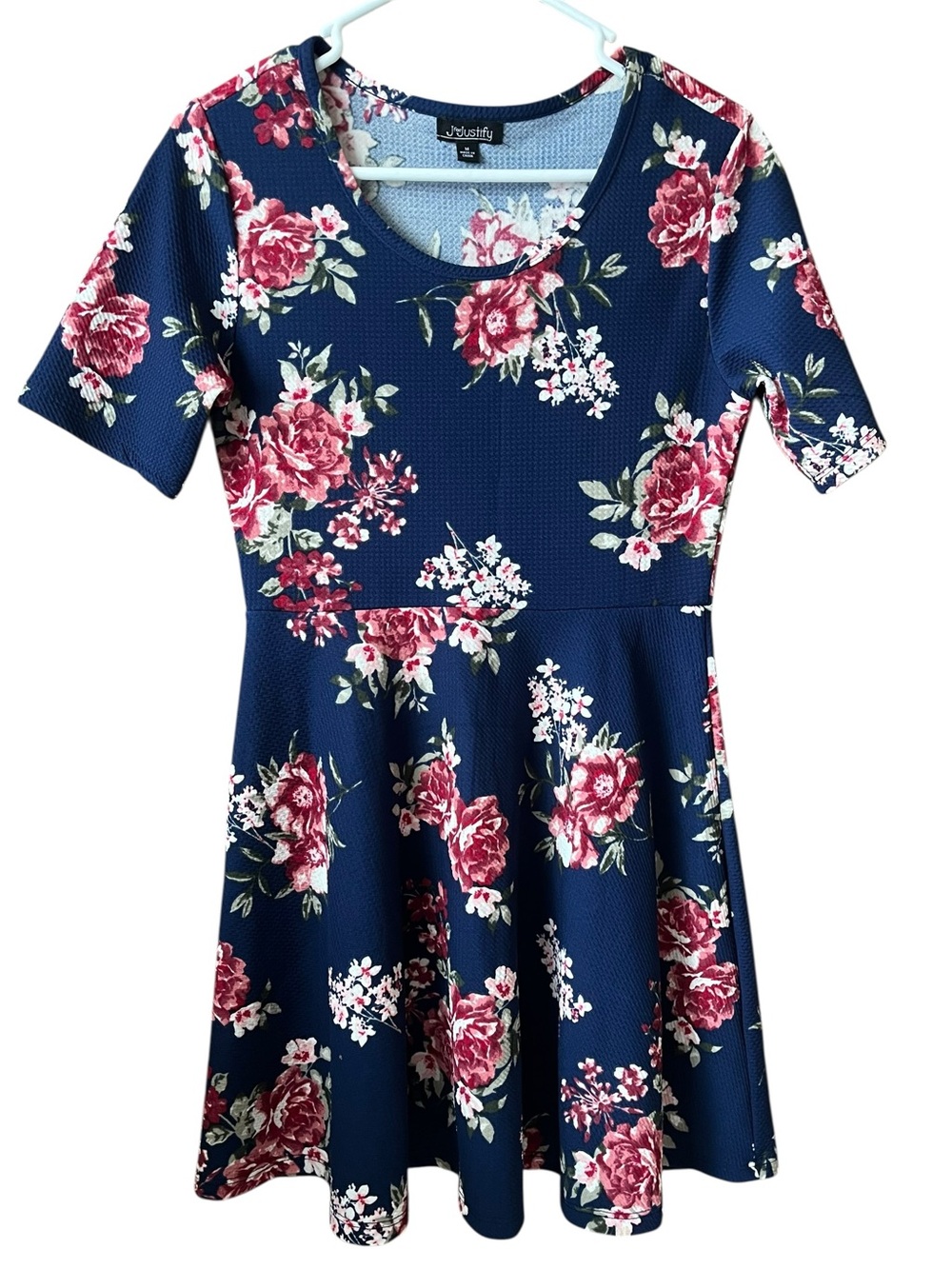 Navy Floral Fit & Flare Dress with Pink Roses by J for Justify - Picture 2 of 9